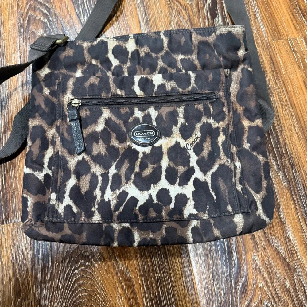 Coach Leopard Print Nylon Crossbody Messenger Bag Brown Tan F11428 Purse Bag